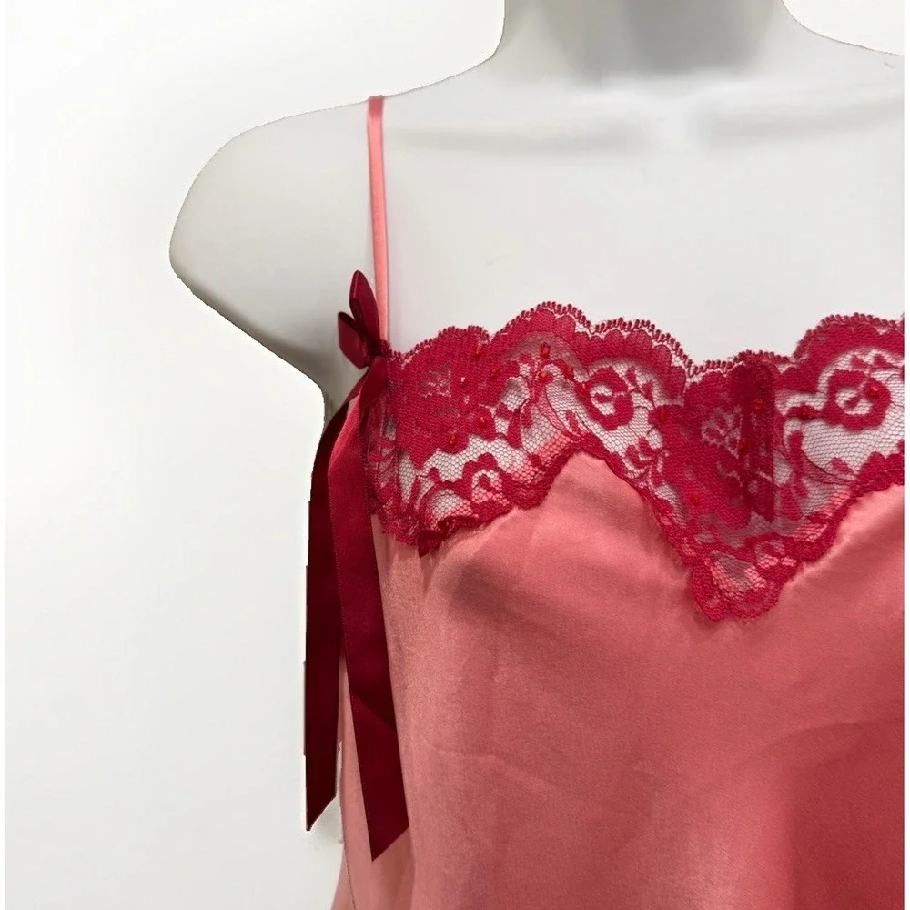 Vintage Victoria's Secret Angels Pink Lace Slip Satin Nightgown Bow Size L
